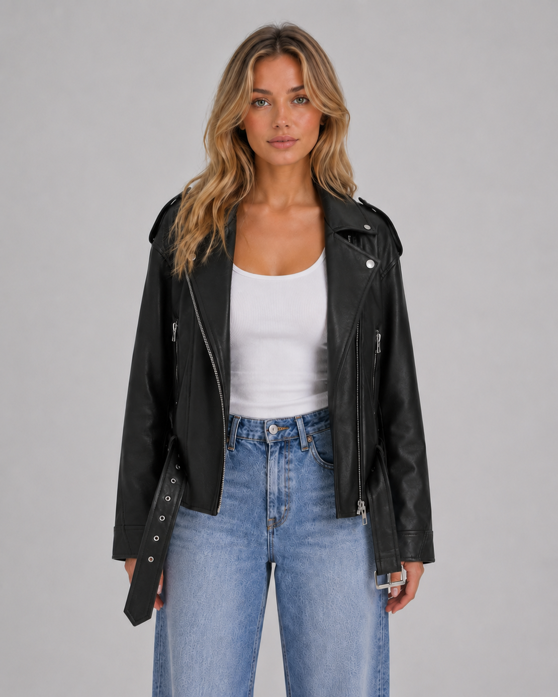 Veste motard femme en simili-cuir à zip asymétrique 4