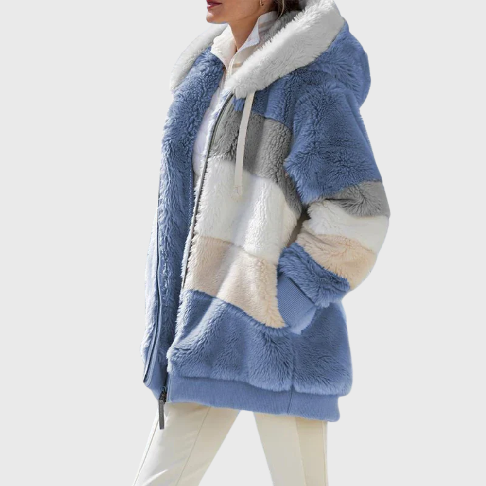 Veste polaire femme à capuche color block en sherpa coupe oversize 1