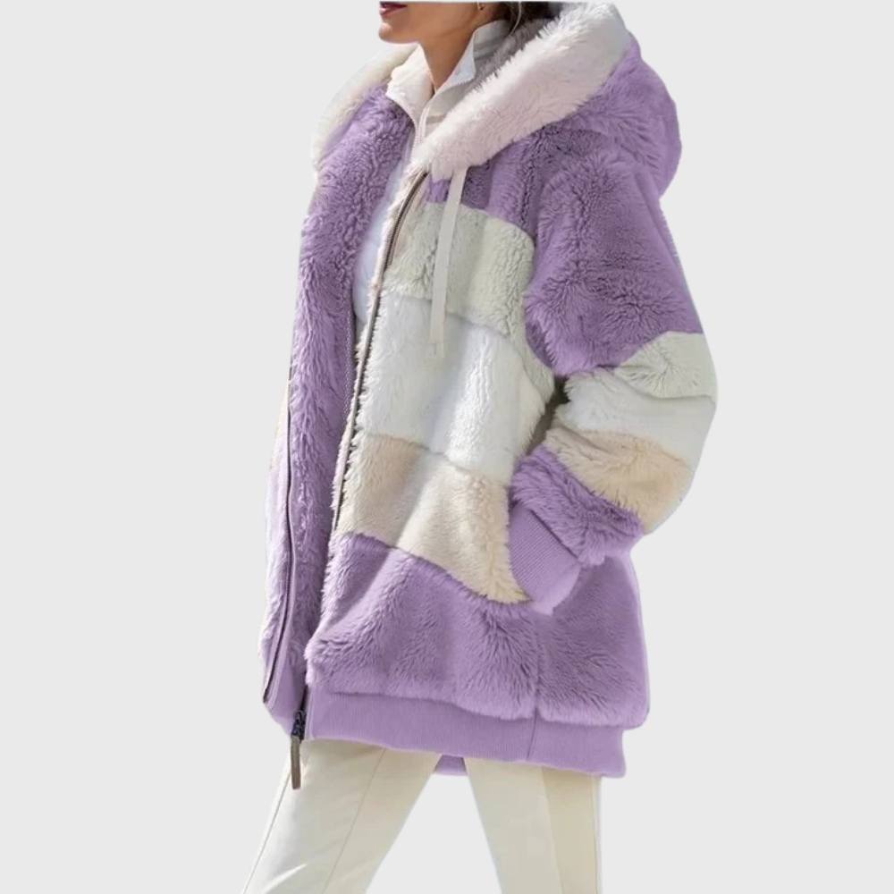 Veste polaire femme à capuche color block en sherpa coupe oversize 2