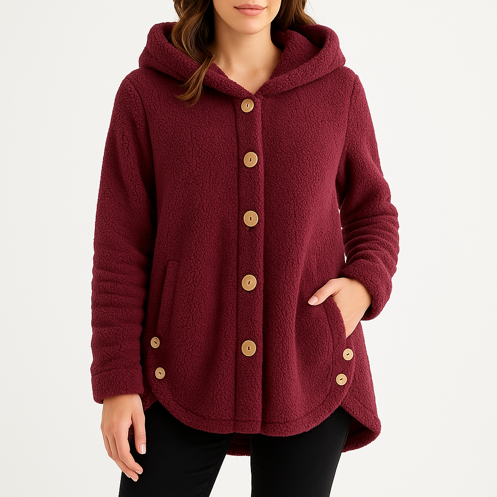 Veste polaire femme à capuche en sherpa boutonnée coupe oversize 1