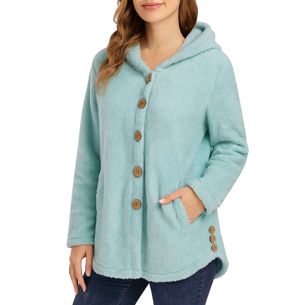 Veste polaire femme à capuche en sherpa boutonnée coupe oversize 2
