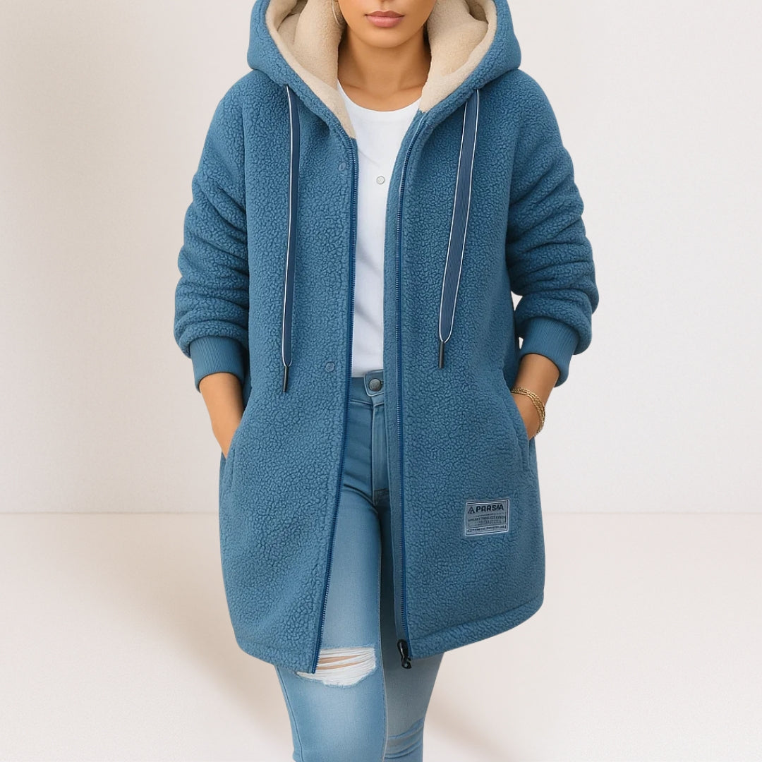 Veste polaire femme à capuche mi-longue en sherpa avec cordon de serrage 1