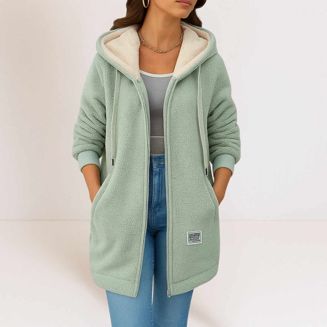 Veste polaire femme à capuche mi-longue en sherpa avec cordon de serrage 2