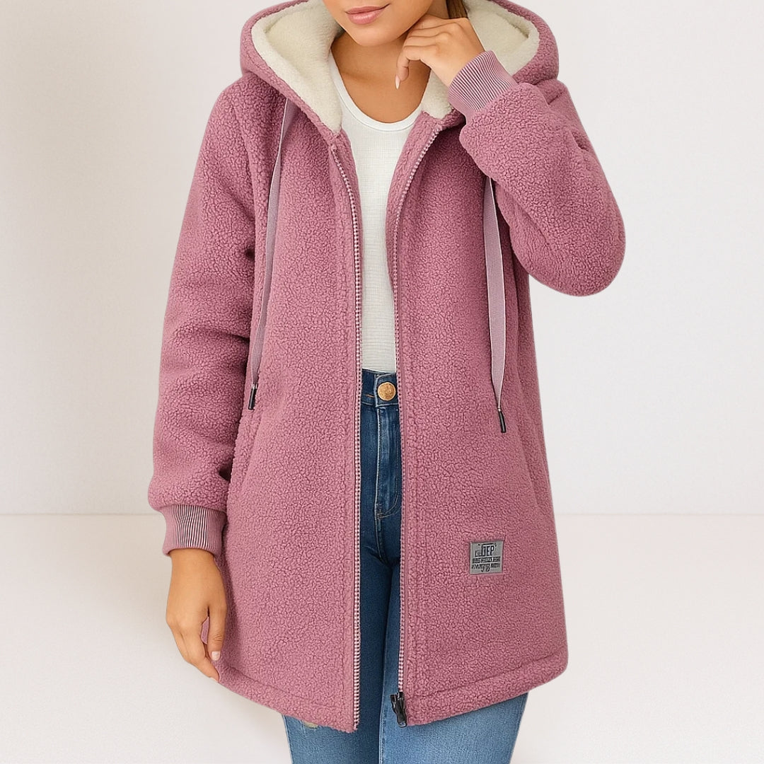 Veste polaire femme à capuche mi-longue en sherpa avec cordon de serrage 3
