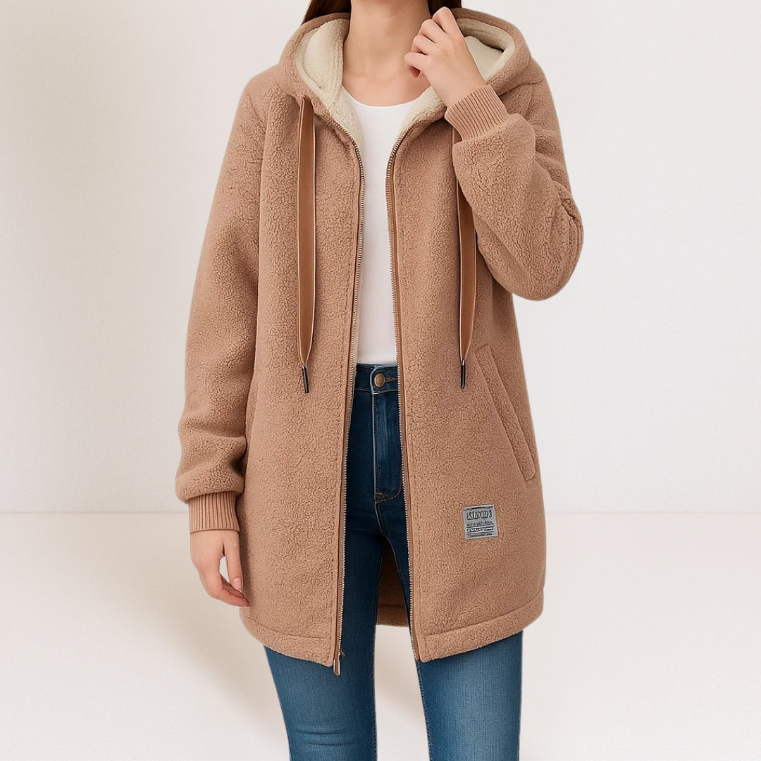 Veste polaire femme à capuche mi-longue en sherpa avec cordon de serrage 4