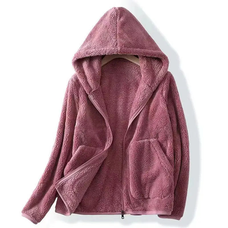Veste polaire femme à capuche zippée en sherpa coupe décontractée 2