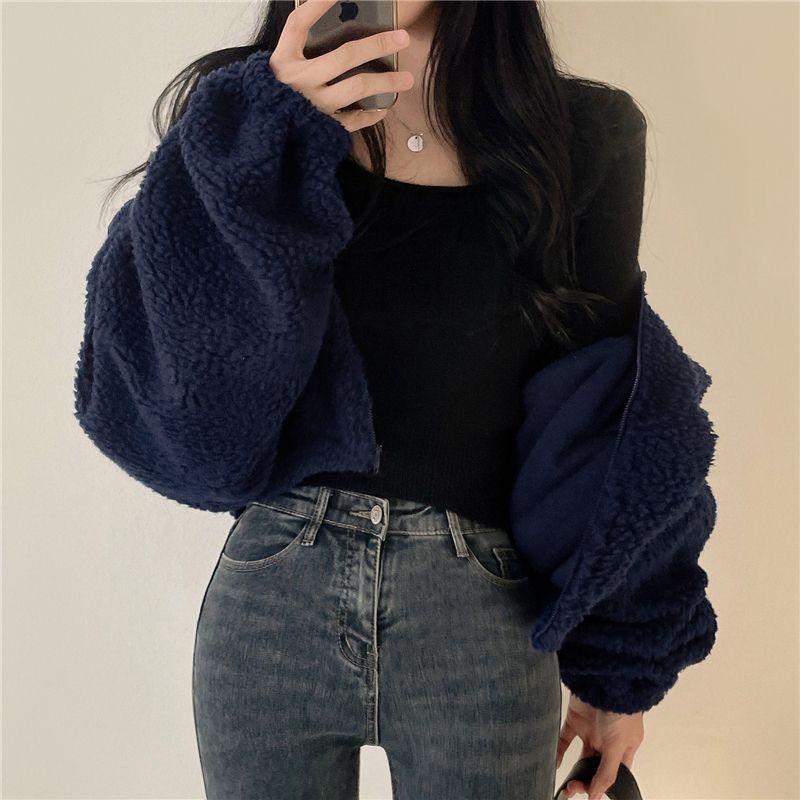 Veste polaire femme courte à fermeture éclair coupe oversize 1