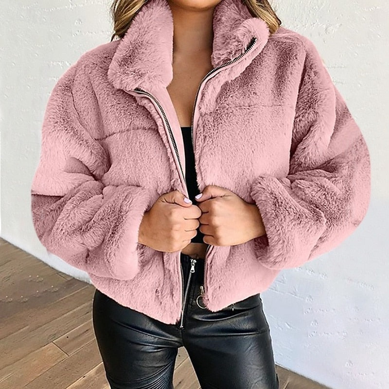 Veste polaire femme courte en peluche zippée à col montant 1