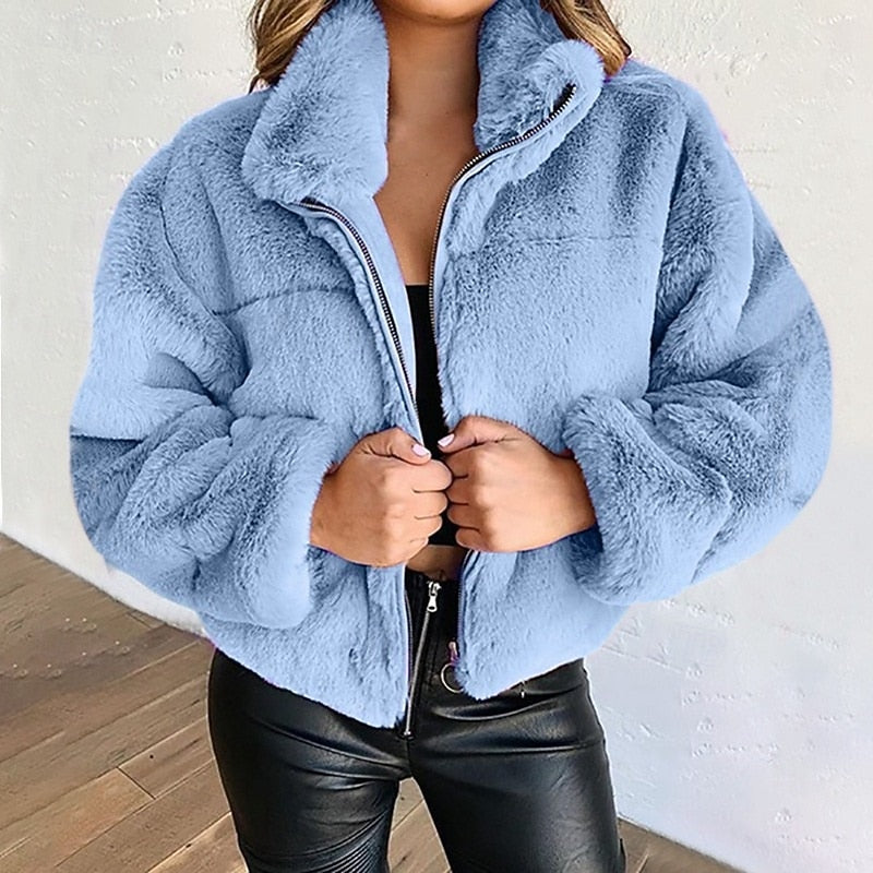 Veste polaire femme courte en peluche zippée à col montant 3