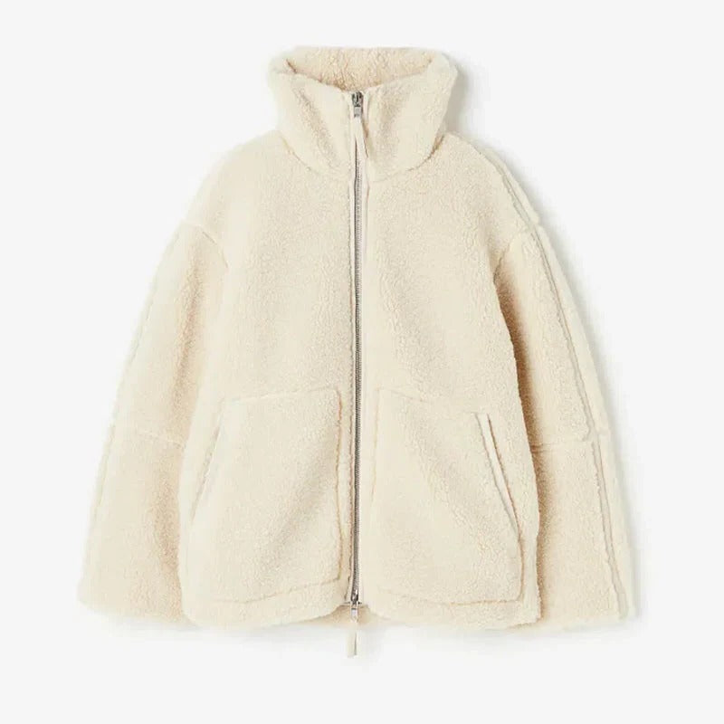 Veste polaire femme en sherpa à col montant coupe droite 1