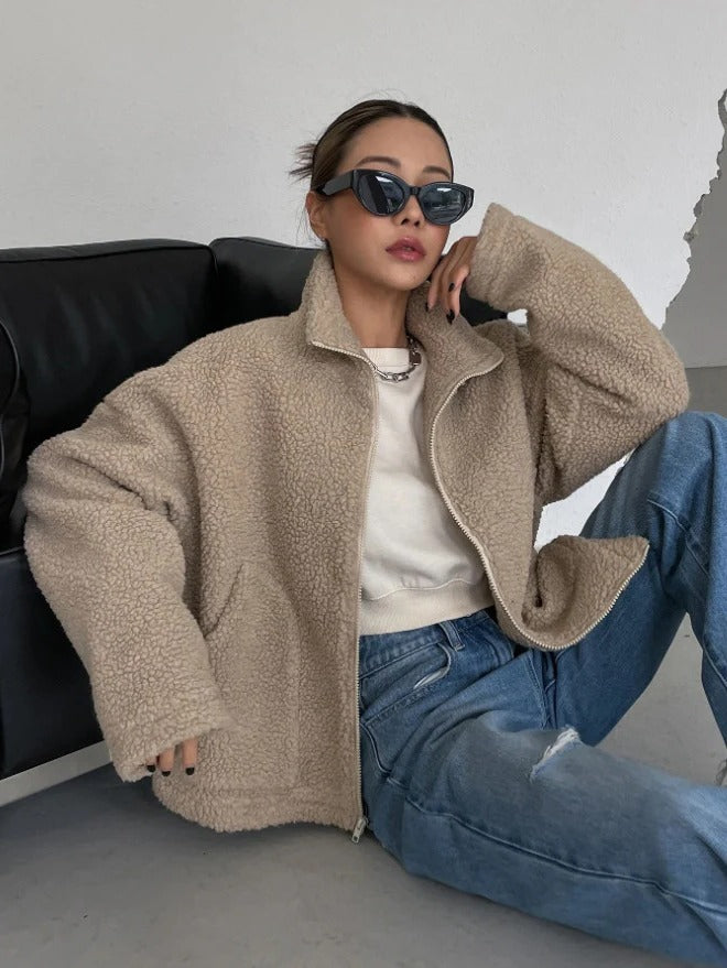 Veste polaire femme en sherpa à col montant coupe droite 5