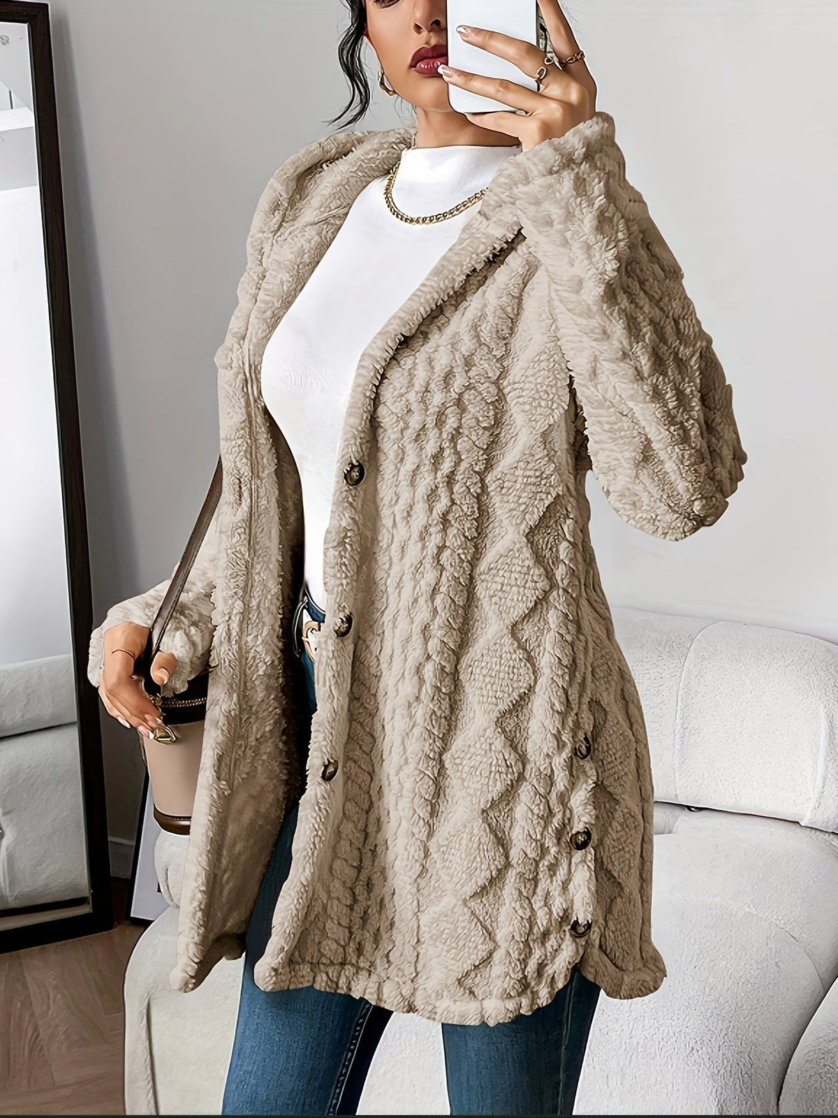 Veste polaire femme longue à capuche en peluche à texture tricotée 2