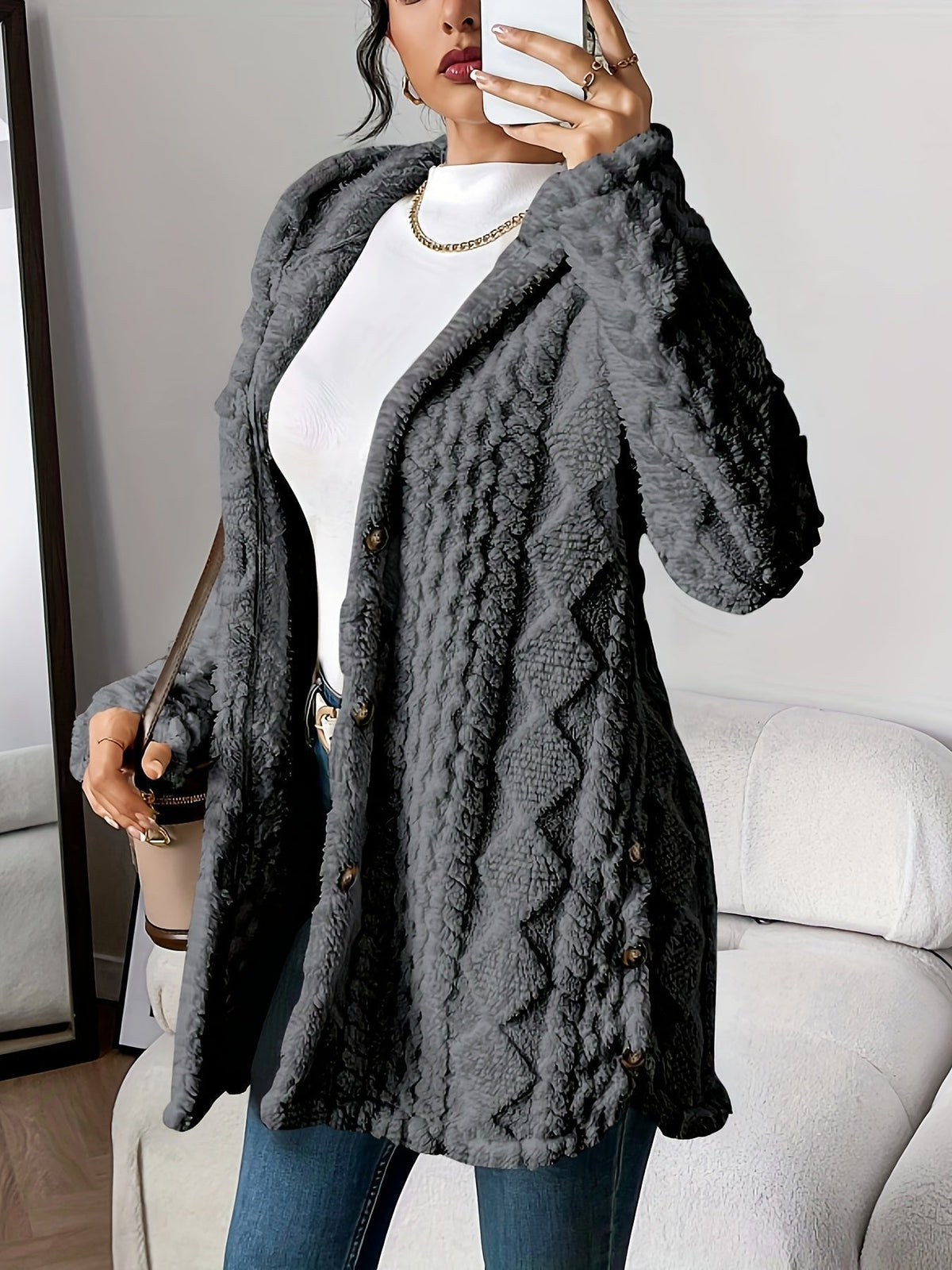 Veste polaire femme longue à capuche en peluche à texture tricotée 4