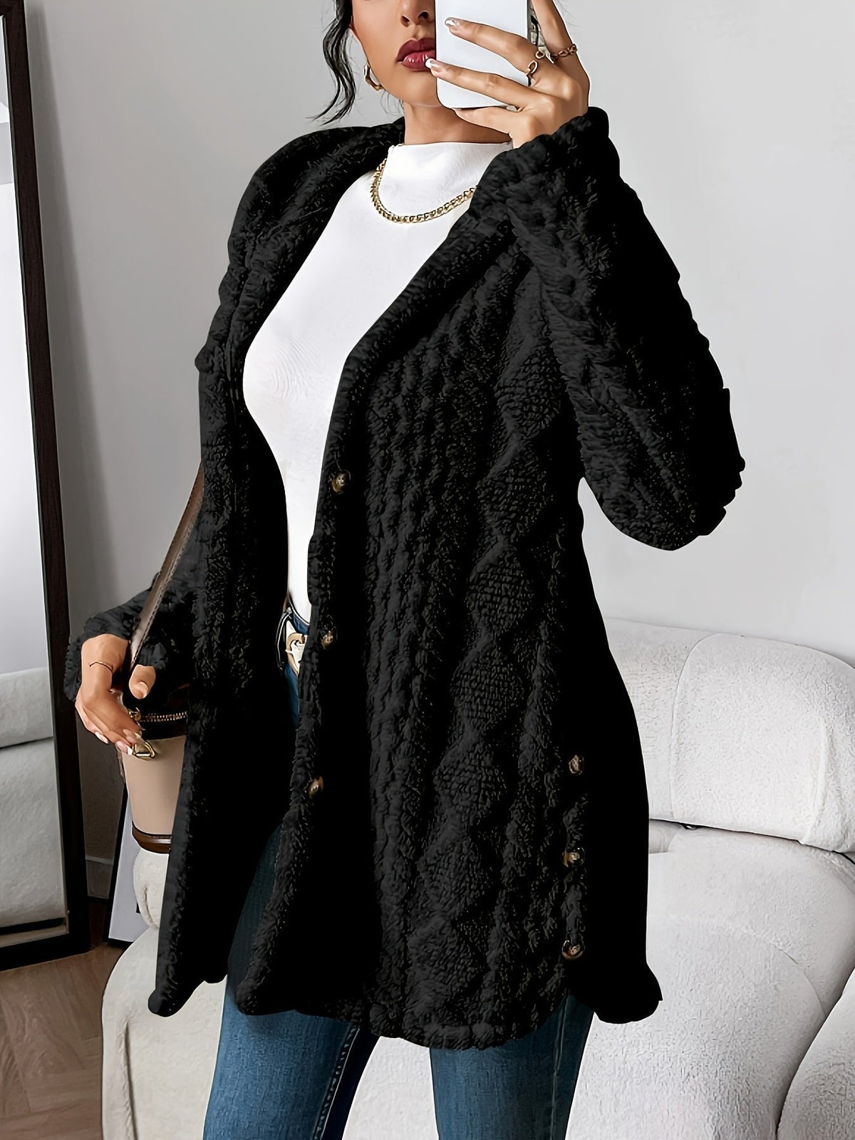 Veste polaire femme longue à capuche en peluche à texture tricotée 5
