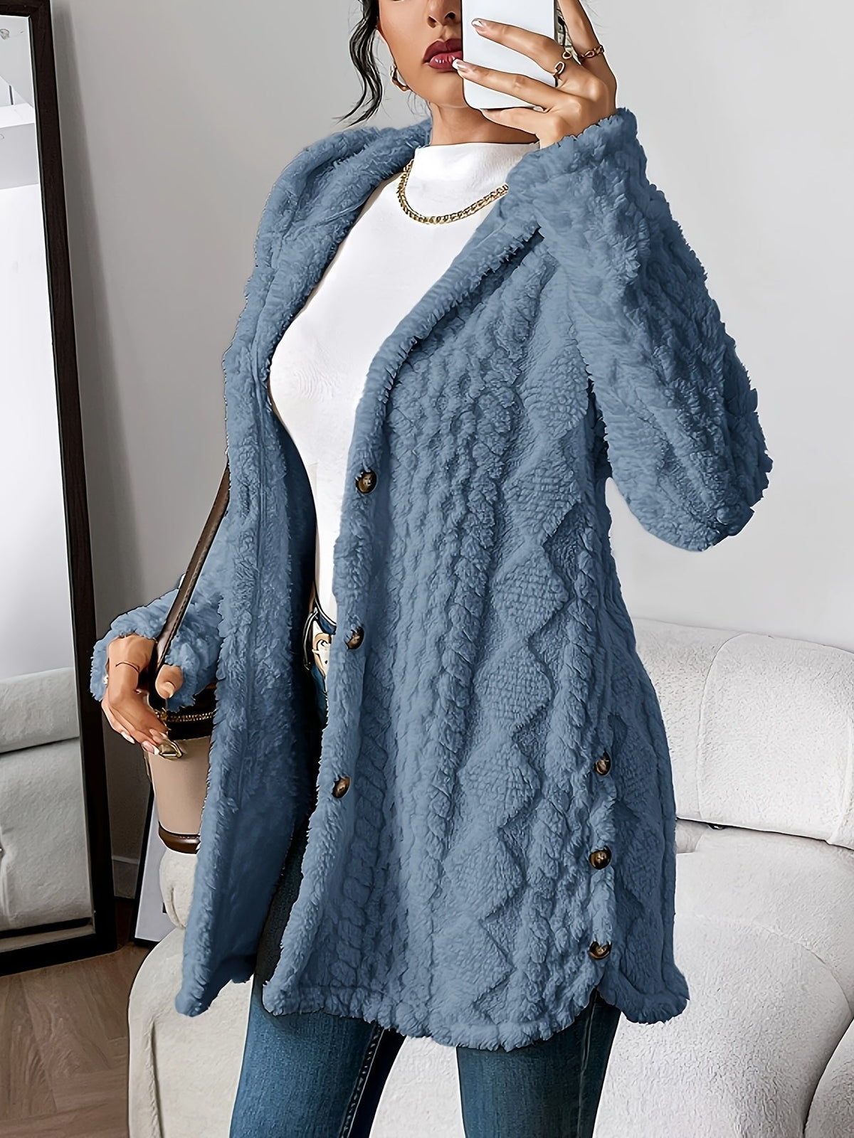 Veste polaire femme longue à capuche en peluche à texture tricotée 7