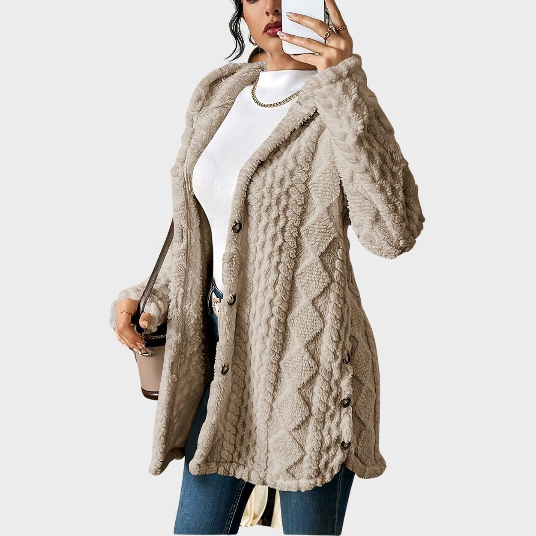 Veste polaire femme longue à capuche en peluche à texture tricotée 9