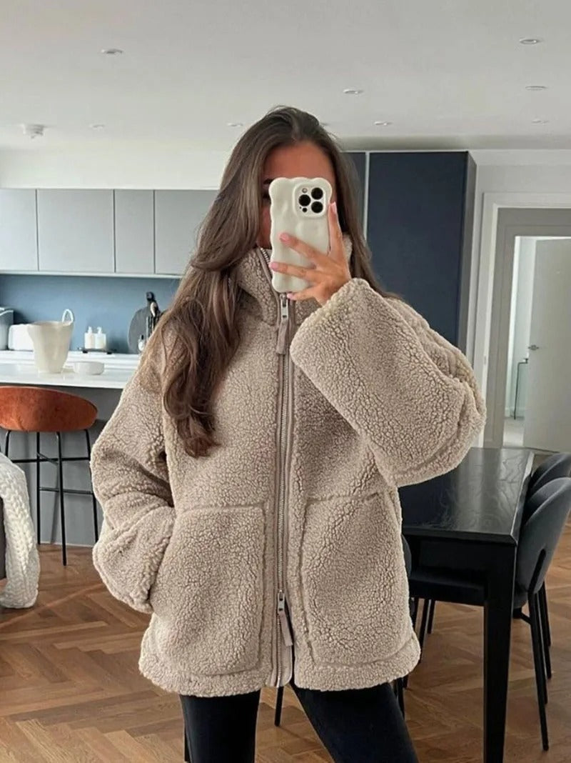 Veste polaire femme oversize à col montant zippée avec poches 1