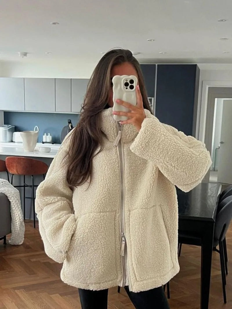 Veste polaire femme oversize à col montant zippée avec poches 2