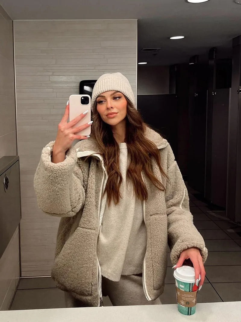 Veste polaire femme oversize à col montant zippée avec poches 3