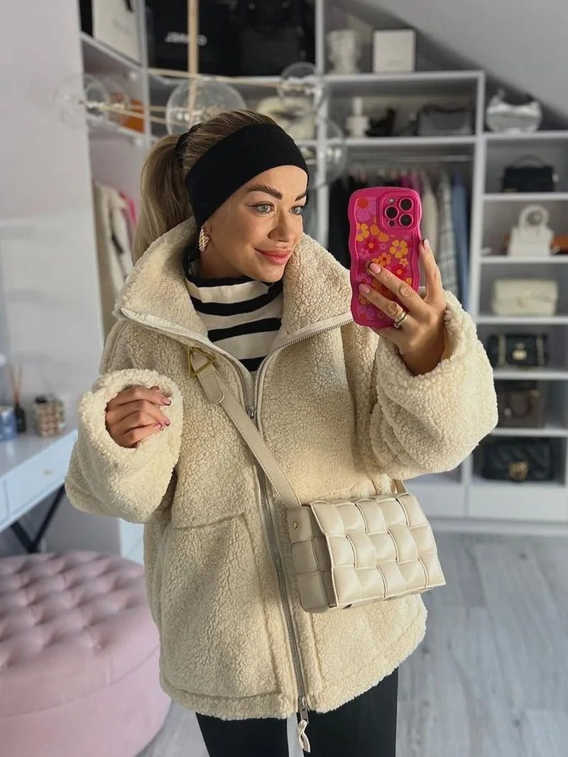 Veste polaire femme oversize à col montant zippée avec poches 4