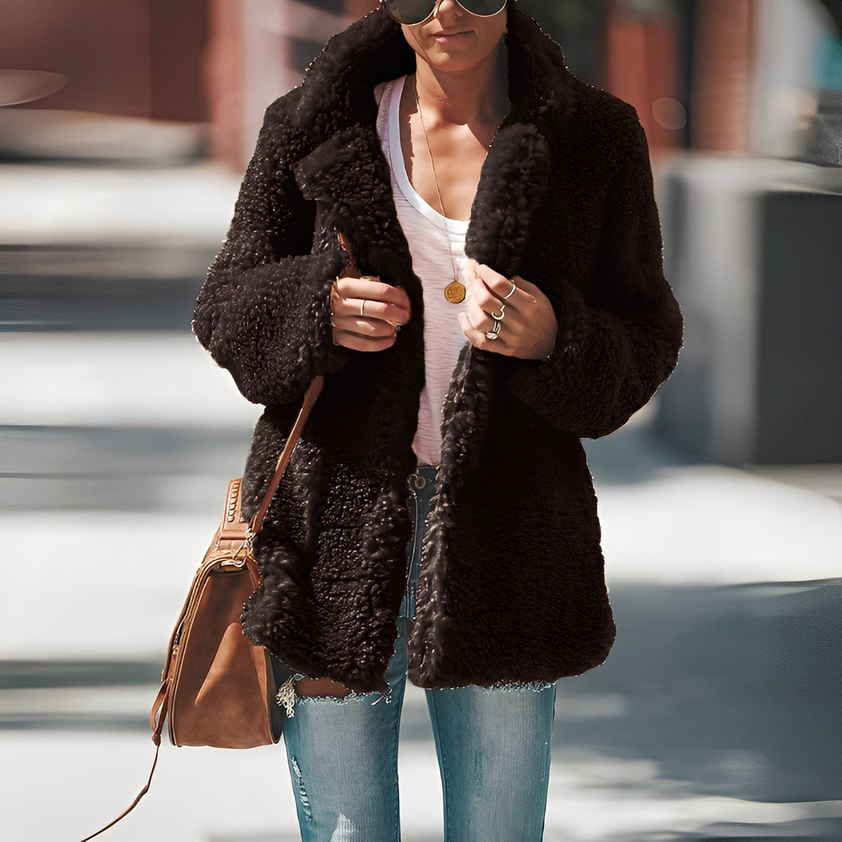 Veste polaire femme teddy mi-longue à grand col à revers 5