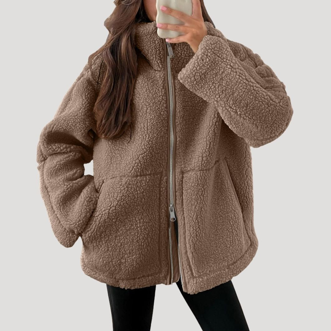 Veste polaire femme teddy zippée à col montant coupe oversize 1