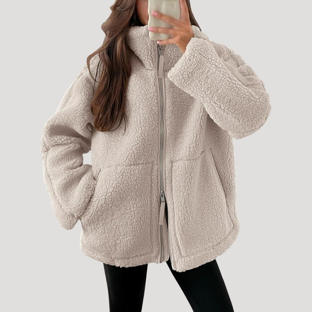 Veste polaire femme teddy zippée à col montant coupe oversize 3