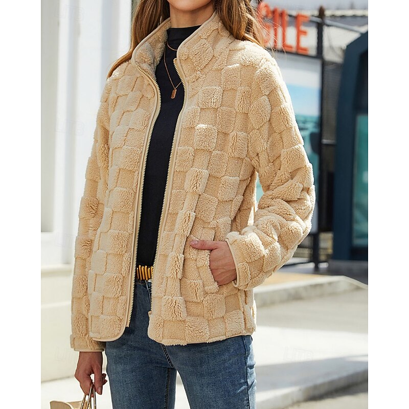 Veste polaire femme texturée à carreaux et col montant zippée 1