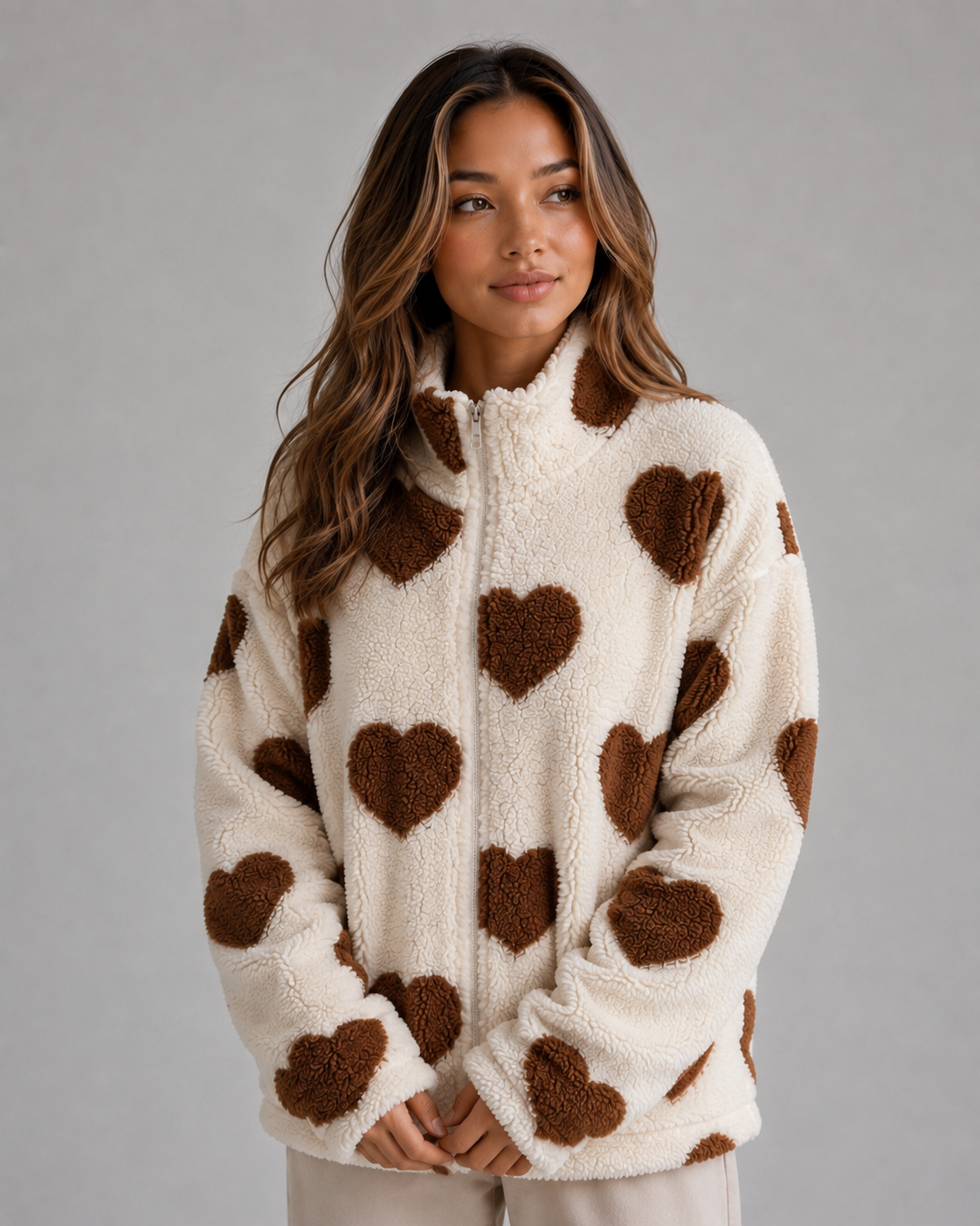 Veste polaire femme zippée à motif cœurs et col montant 2