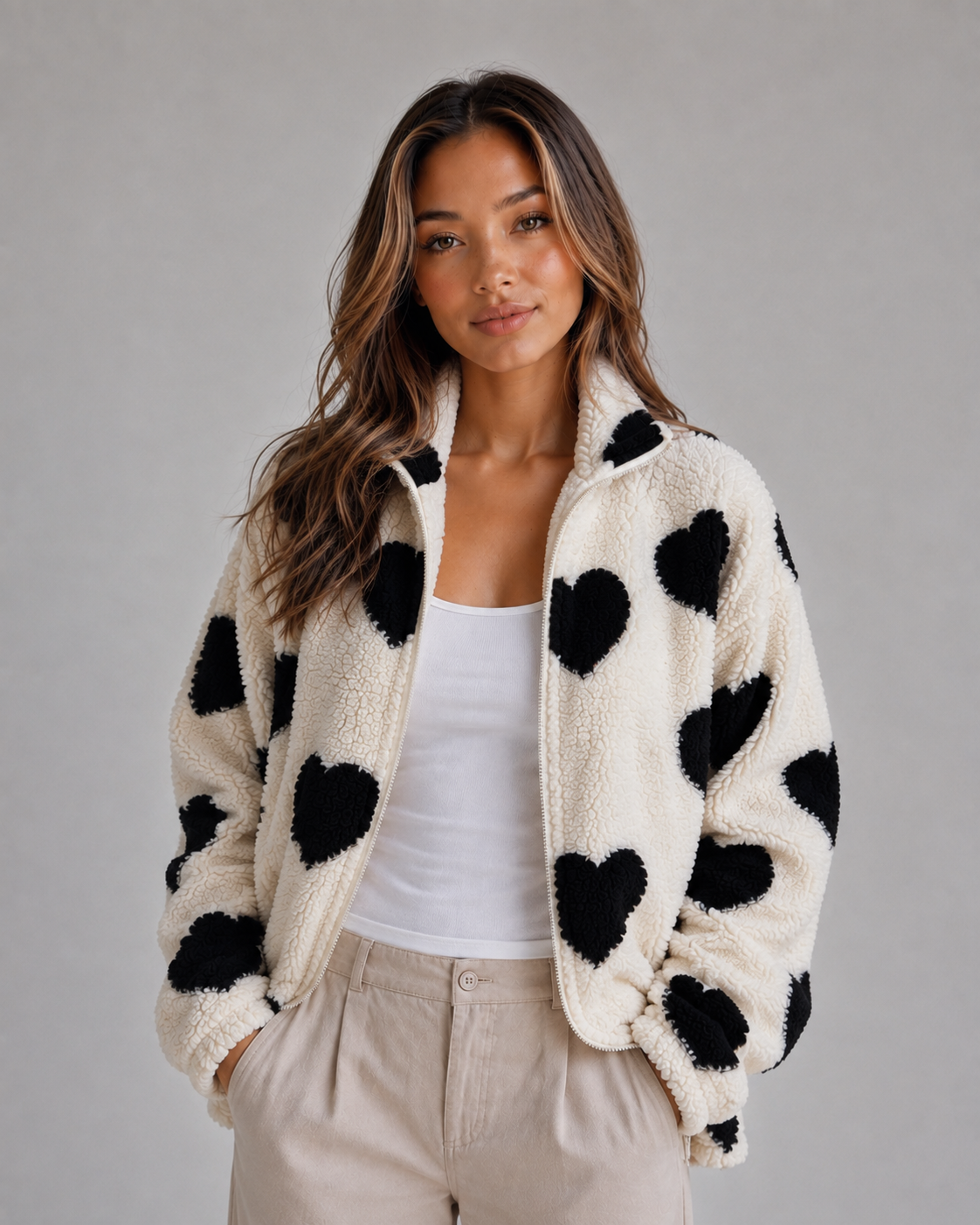 Veste polaire femme zippée à motif cœurs et col montant 3