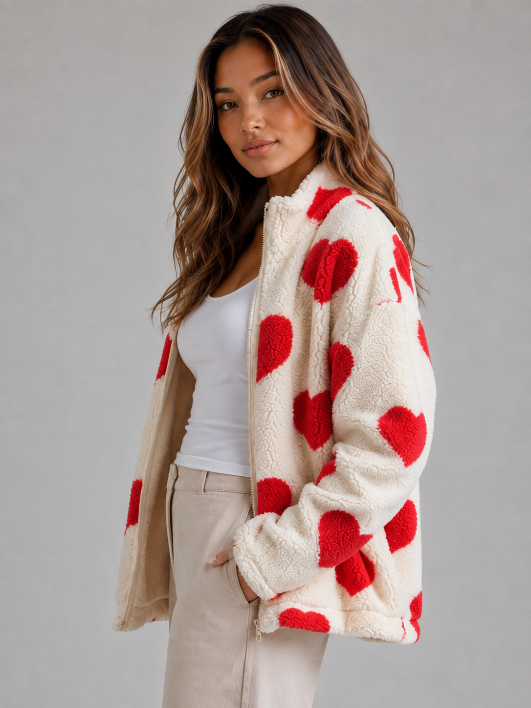 Veste polaire femme zippée à motif cœurs et col montant 5