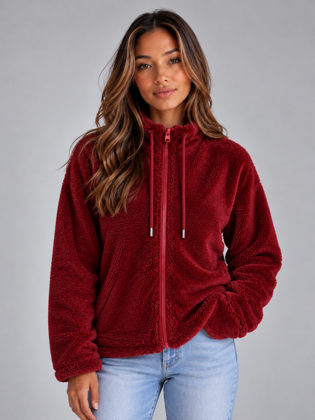 Veste polaire femme zippée effet peluche à col montant 4