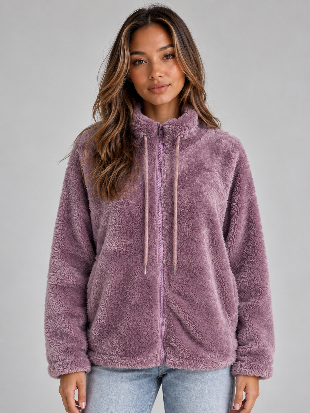 Veste polaire femme zippée effet peluche à col montant 5
