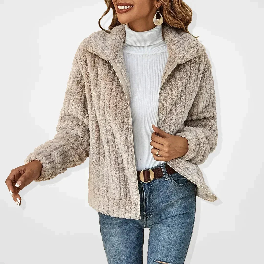 Veste teddy femme courte en fausse fourrure à col revers zippée 1