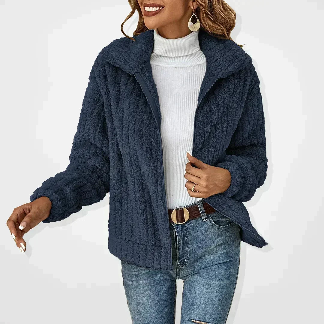 Veste teddy femme courte en fausse fourrure à col revers zippée 2