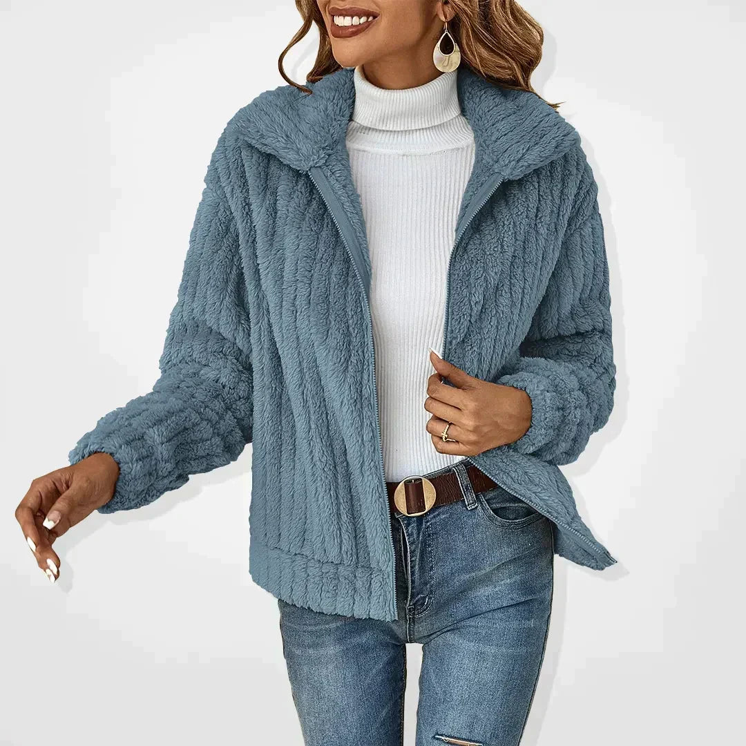 Veste teddy femme courte en fausse fourrure à col revers zippée 3