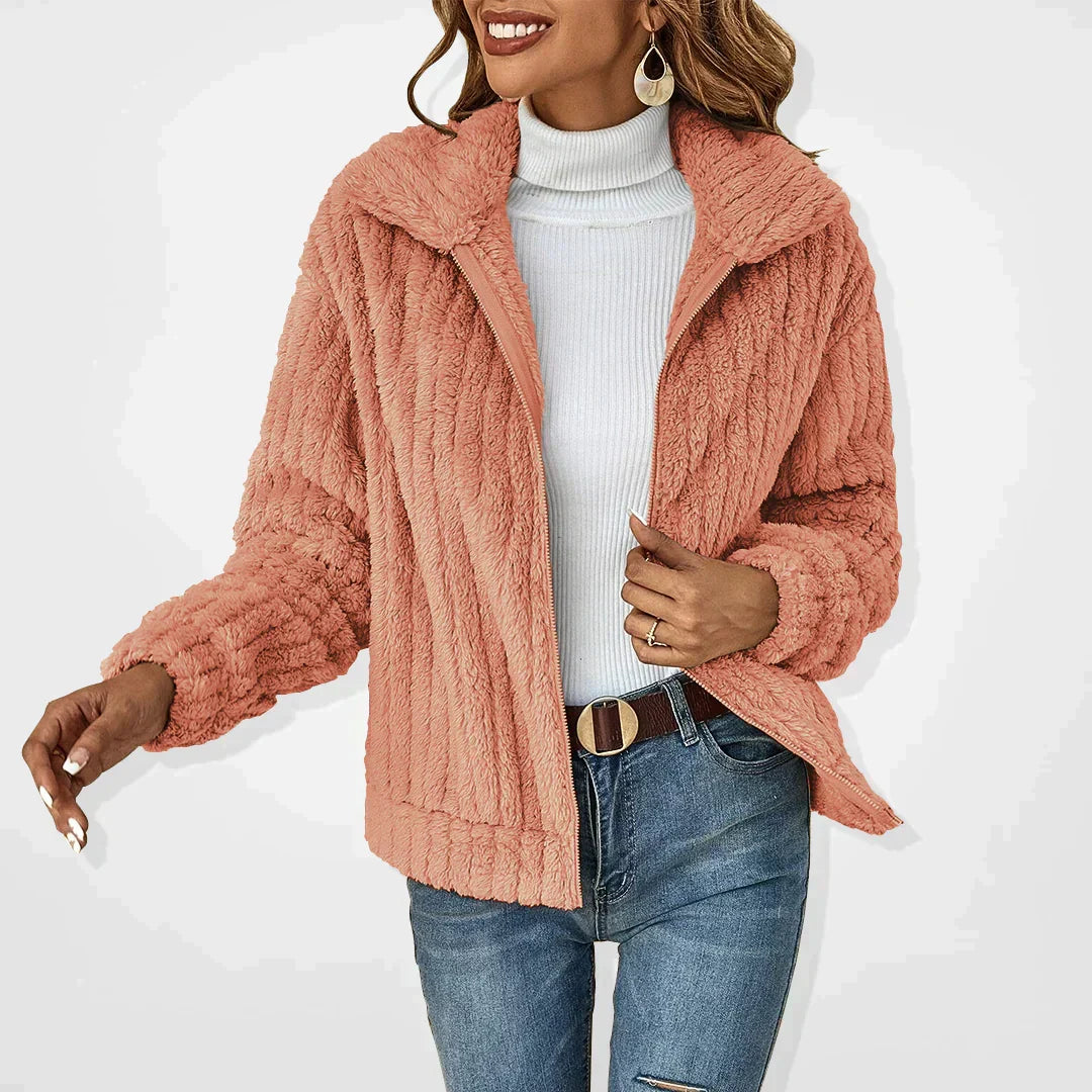 Veste teddy femme courte en fausse fourrure à col revers zippée 4