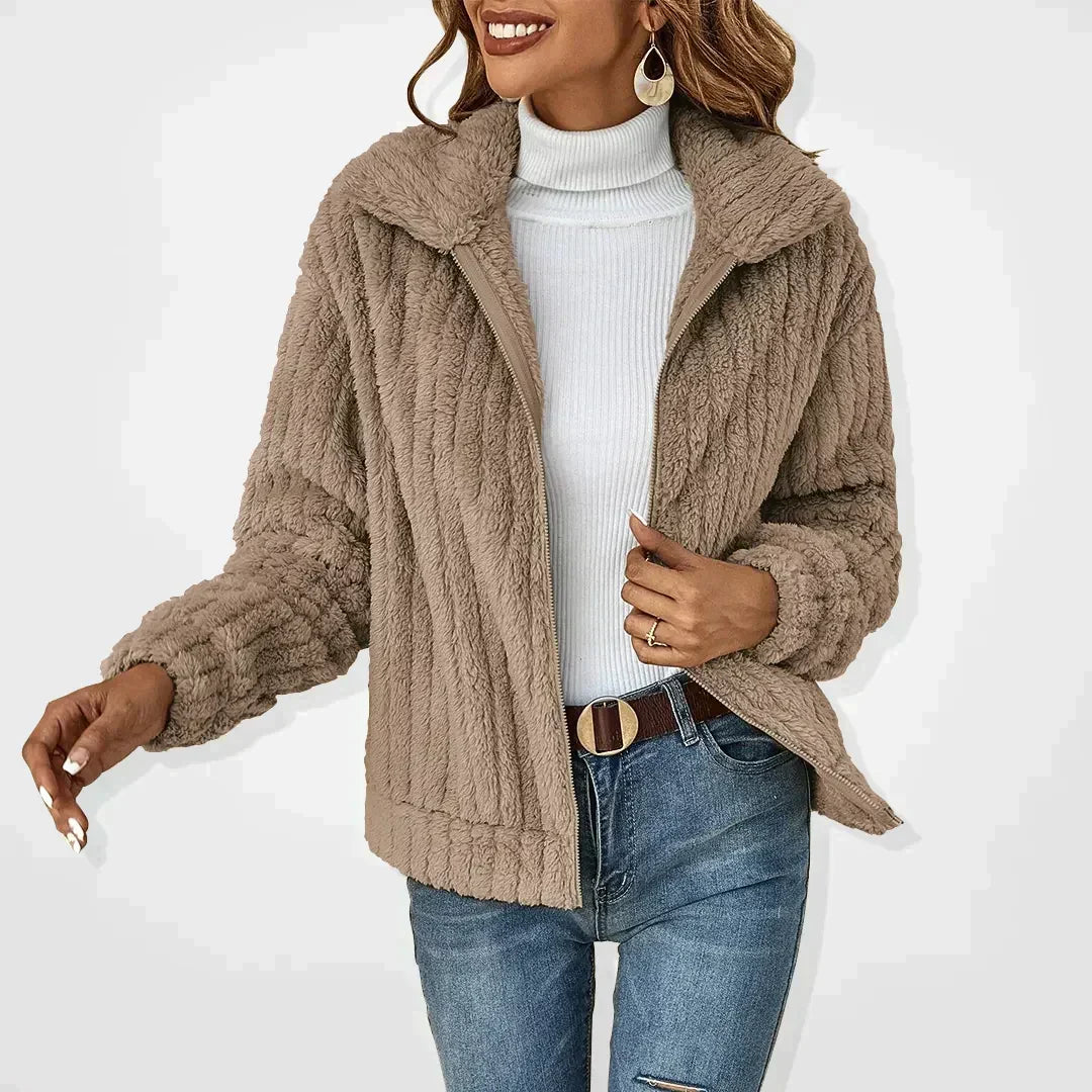 Veste teddy femme courte en fausse fourrure à col revers zippée 5